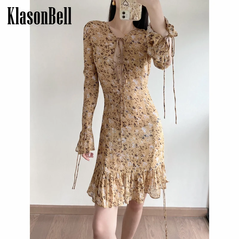 7.12 KlasonBell Temperament Floral Print Hollow Out Lace-Up Design Flared Sleeve Dress Women