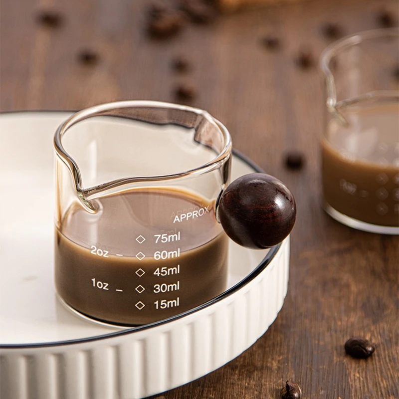 

75ML Mini Espresso Measuring Cup with Wooden Handle Double Spouts Clear Coffee Shot Glass Heat Resistant Retro Milk Jug