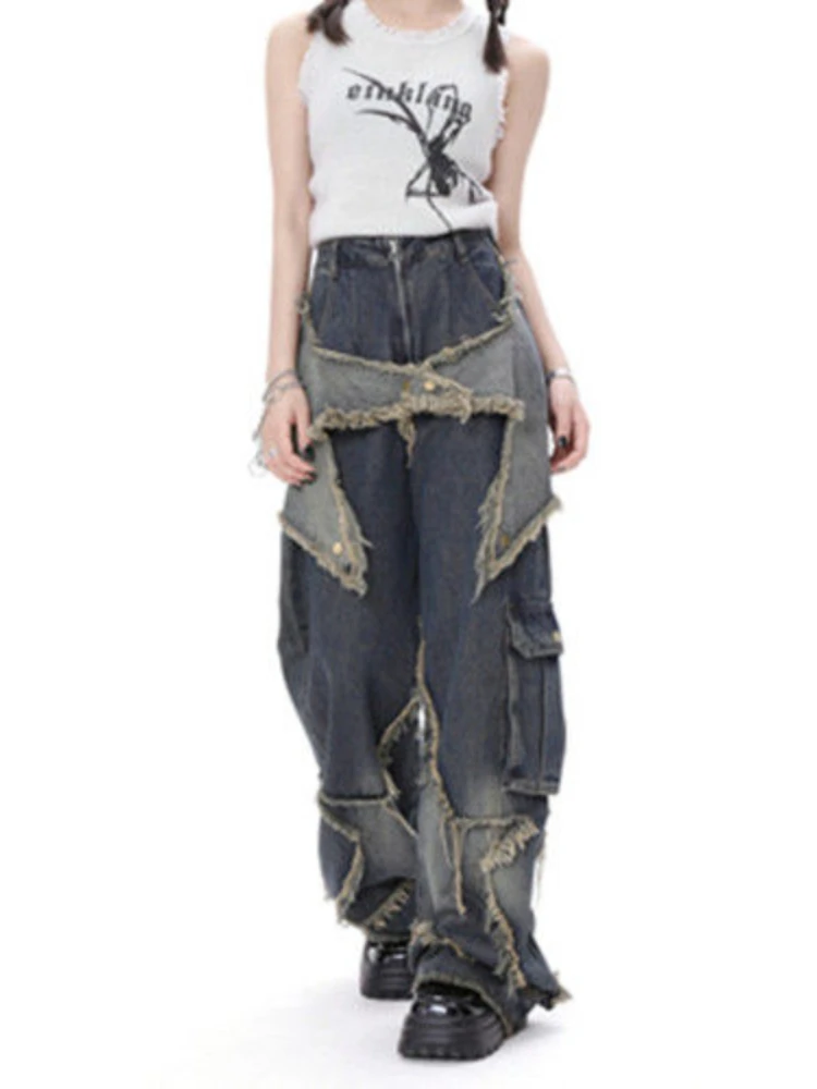 

New style star splicing tassel pants women American style retro high street jeans loose wide leg pants trendy punk y2k pants