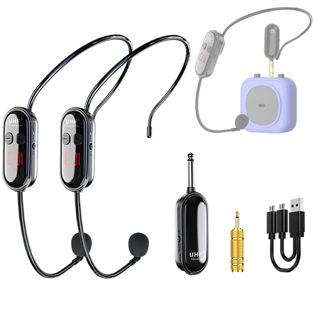 

UHF Wireless Microphone Double Headset Mic 160FT Range Handheld 2 In1 For Voice Amplifier Interview Teach Stage Speakers