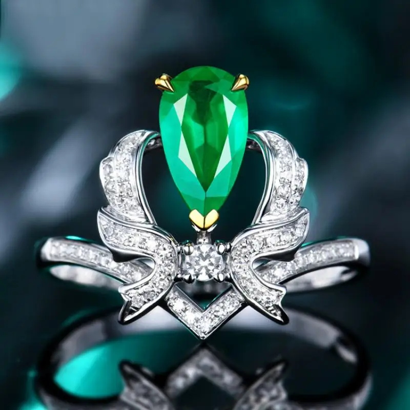 

HOYON Original 18k Gold color ring 2023 Trend New Waterdrop Pear Crown Ring Imitation Emerald Color Treasure Two Tone Ring