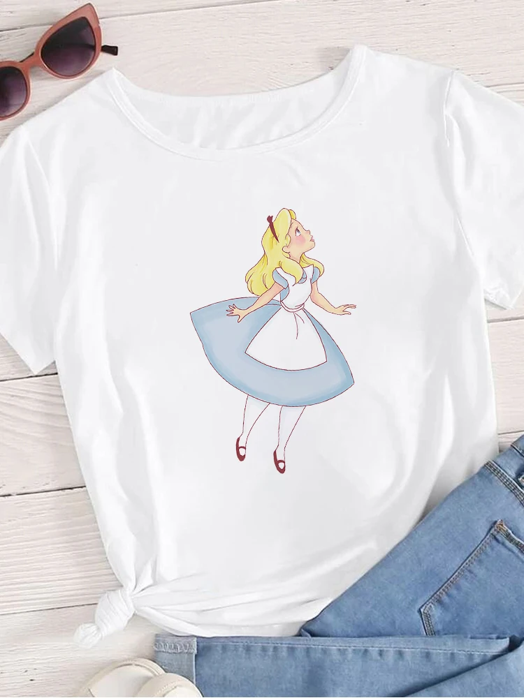 

Women Trendy Colorful Creative Graphic Casual T Shirt Letters Disney Brand Alice Tshirt Print Disney Alice In Wonderland T-Shirt