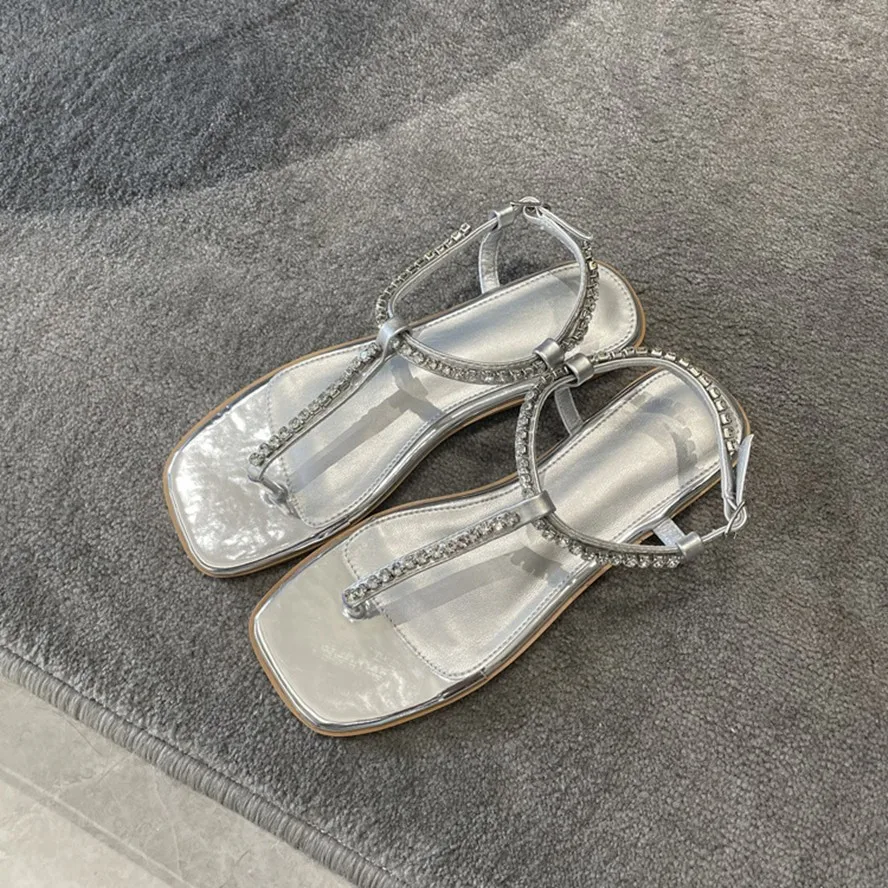 

Elmsk Bohemian Fashion Ladies Silver Summer Flat Roman Rhinestone Sandals And Slippers Sandals Women