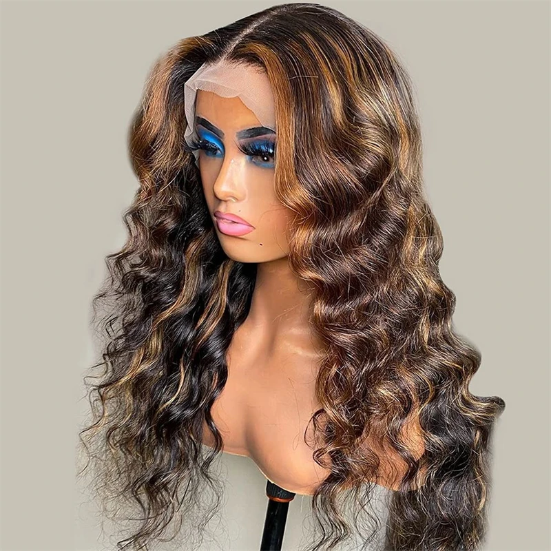 

Highlight Brown Body Wave Brazilian Human Hair Full Lace Wig With 4x4 Silk Base Baby Hair Glueless Pre Plucked Bleached Knots