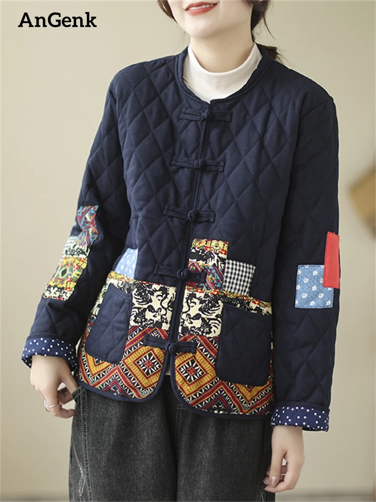 

Женская Повседневная стеганая куртка на пуговицах, свободная хлопковая верхняя одежда в винтажном стиле с круглым вырезом и принтом, Осень-...