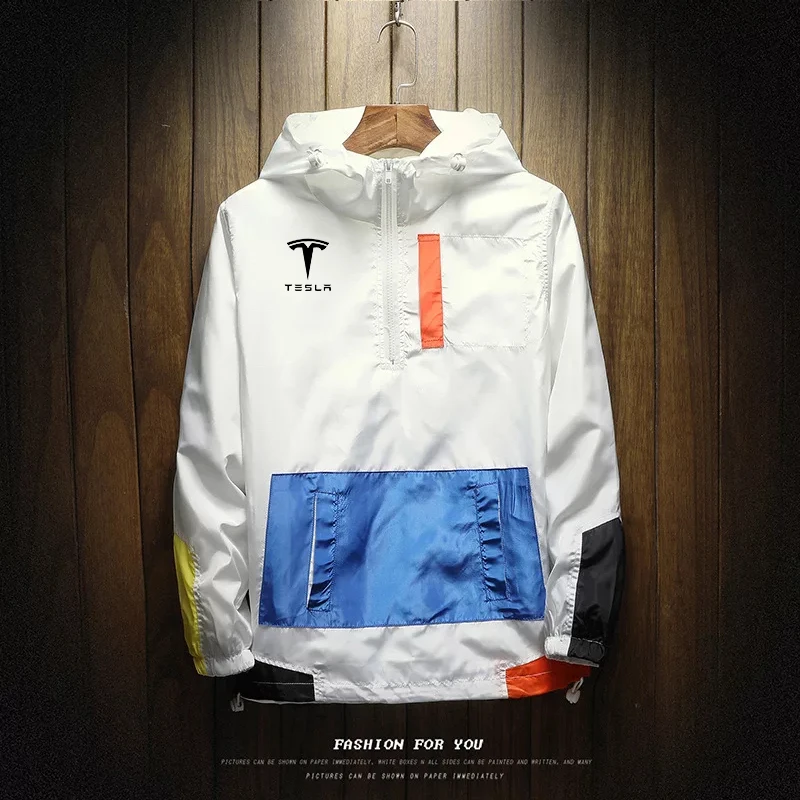 

Spring and Autumn Hooded Bomber Jacket Men's Windproof Casual Fashion Patchwork Jacket Fishing Windbreaker Men