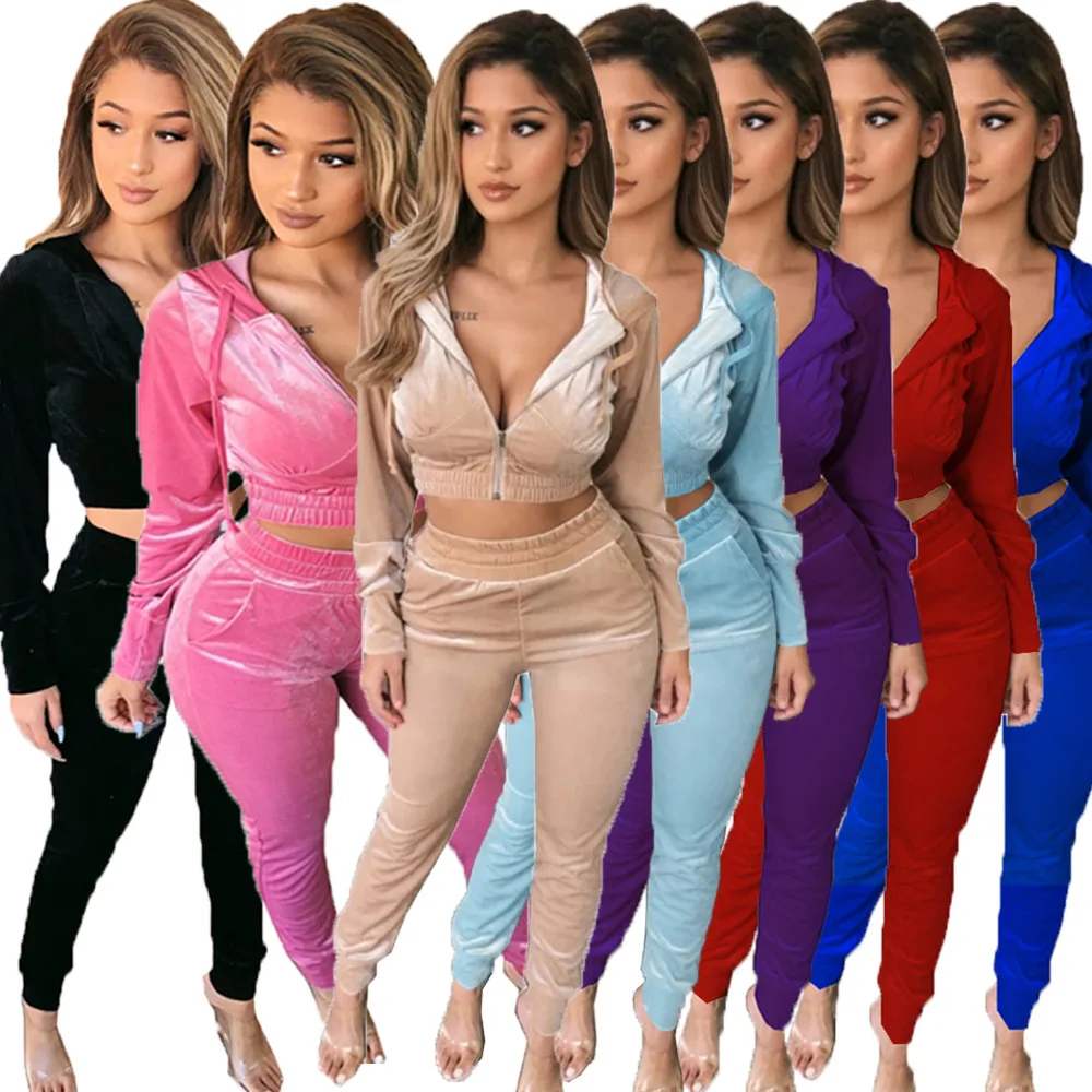 

Set Of Two Fashion Pieces For Women Autumn Gold Velvet Hooded Trousers Sexy Cropped Navel Sports Fashion Two-Piece Women's Suit