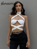 hotvestita fashion hollow out halter tops sexy sleeveless lace up bodycon 2022 new women bandage strapless white party crop tops
