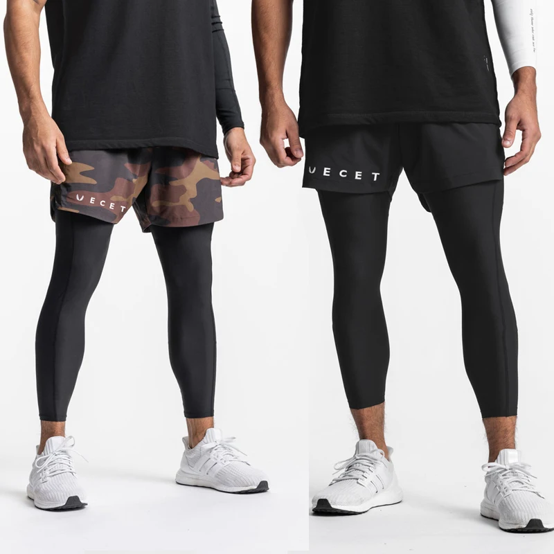 ECET summer new men shorts Sports Fitness 2 In 1 Double Layer Shorts Extended Gym Running Training Stretch Breathable Shorts
