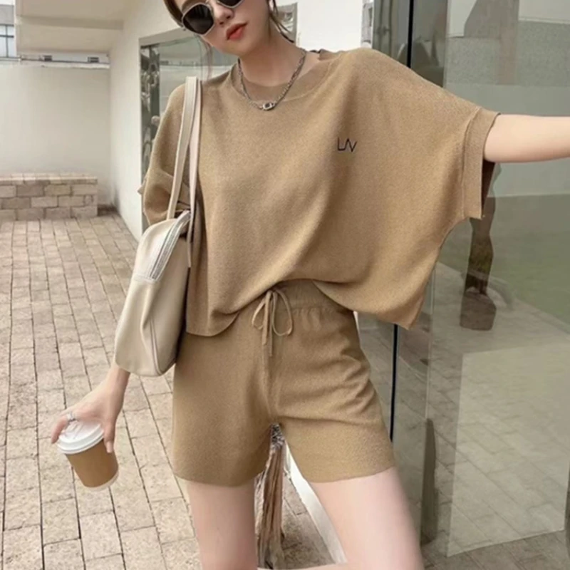 

New Summer Sports Women's Tracksuit Casual Loose Short Sleeve Thin Knitted Pullover Tops +Drawstring Shorts 2 Piece Set Women