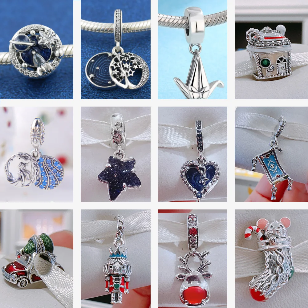 

925 Silver Feather Family Tree Snowflakes Santa Dangle Beads Fit Original Pandora Bracelets DIY Women Jewelry Christmas Gifts