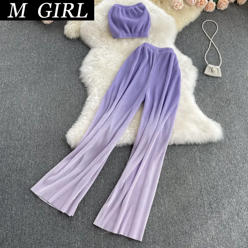 

M GIRLS Summer Purple/Yellow/Pink Draped Two Piece Set Sexy Slash Neck Strapless Camis + High Waist Pleated Pants Fashion Suits