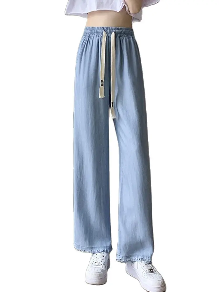 

Casual jeans 2022 summer new drawstring ice silk denim wide leg pants high waist straight trousers fashion women's clothing