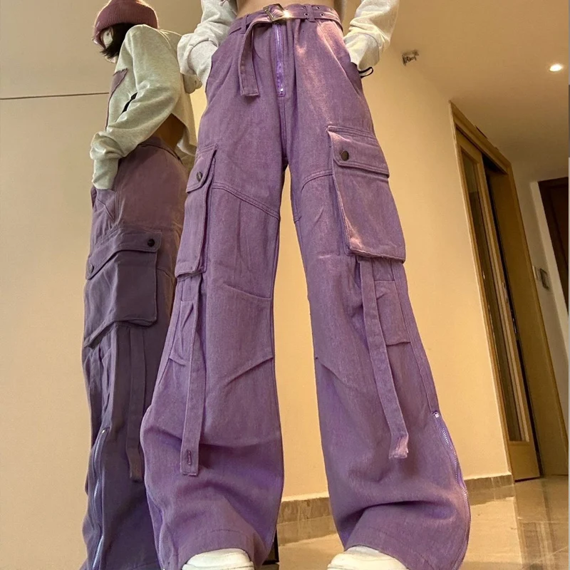 American Retro Cargo Pants Women Button Pockets High Street Belt Zipper Distressed Oversize Wide Led Vintage Jeans