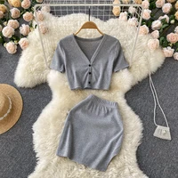 2022 summer new 2pcs sets short sleeve casual bodycon outfits button crop top knitting ribbed fashion women skirt co ord set