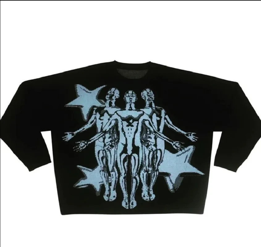 

Винтажный вязаный свитер в стиле Харадзюку, пуловеры в стиле укиё-э с рисунком скелета, осенняя уличная одежда, свитер для мужчин и женщин, хлопковая трикотажная одежда