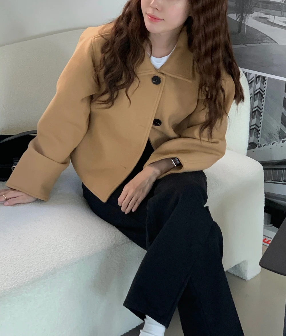 

Женское шерстяное пальто с отложным воротником, короткая шерстяная куртка цвета хаки с длинным рукавом, в Корейском стиле, Осень-зима 2023