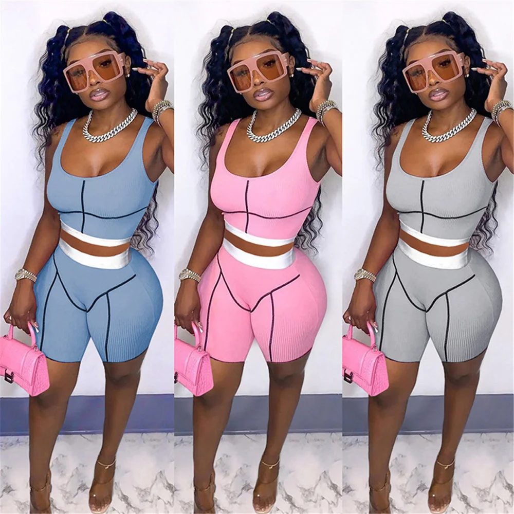 

Two Piece Set Women Summer Sweatsuits Biker Shorts Sleeveless Crop Top Sport Sexy Club Outfits Streetwear Tracksuit Matching Set