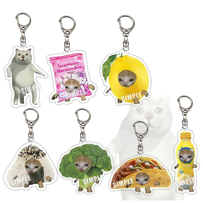 

Food Cat Memes Keychain Strange Expression Cat School Bag Mobile Phone Pendant Acrylic Fun Gift For Students Keyring Accessories