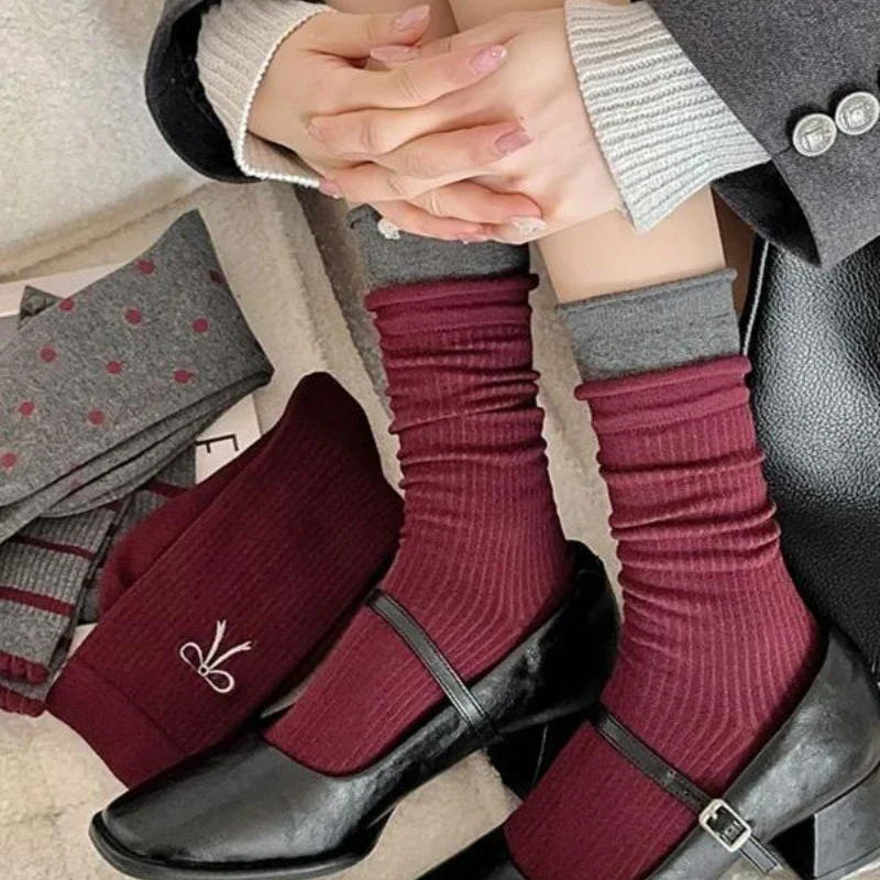 1/5pairs Cotton Ruffles Ankle Socks Women Retro Cute Kawaii Korean Stocking Girls 2024 Autumn and Winter Red Middle Tube Sox