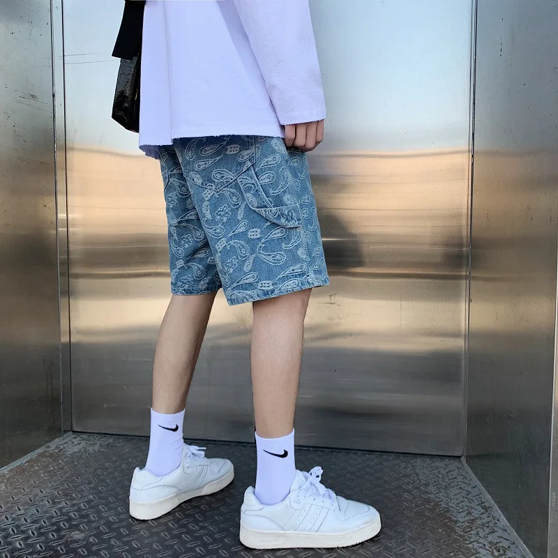 Summer Ins Cashew Flower Print Loose Denim Shorts Men's Korean Fashion Hip-hop Bf Five-point Thin Casual Denim Jeans Streetwear