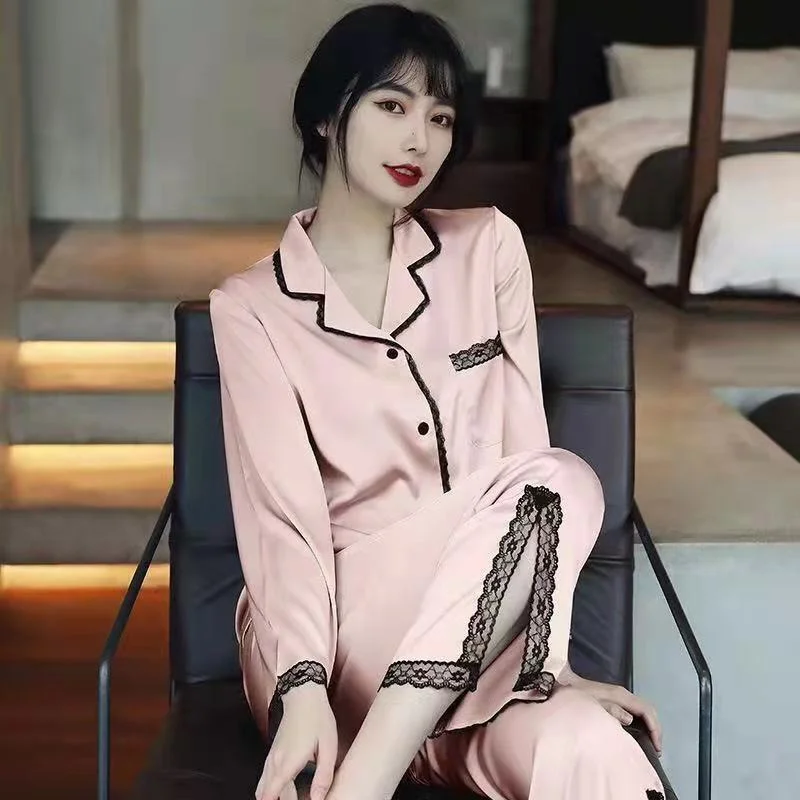 Pajama Sets Women Long Sleeve Sexy High-end Ice Silk Sleepwear Cardigan Lace Patchwork Homewear Korean Fashion Lady Pajamas
