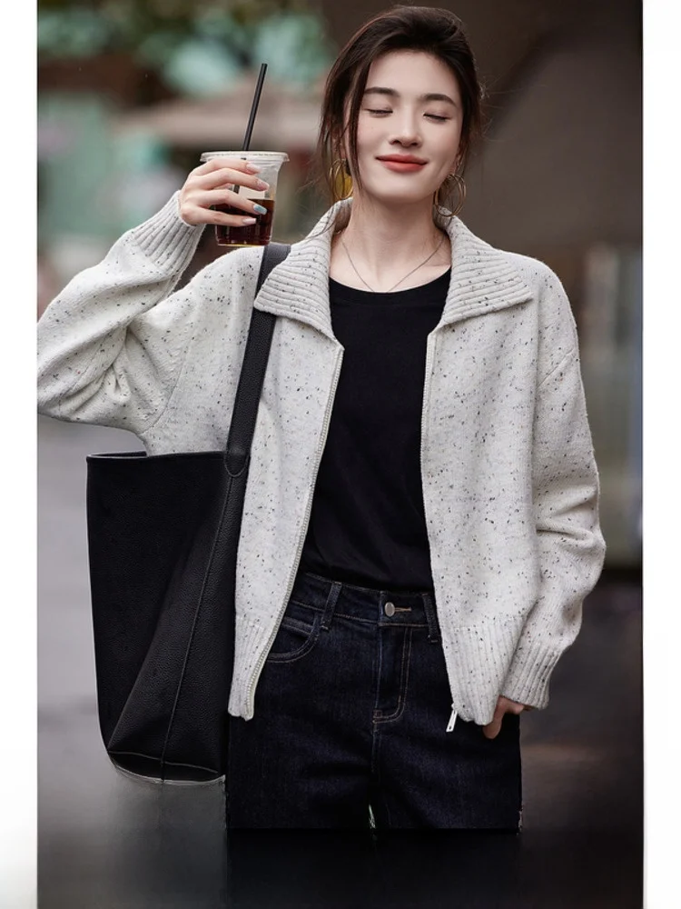 Модный французский свитер на молнии в стиле ретро с лацканами верхняя одежда 24