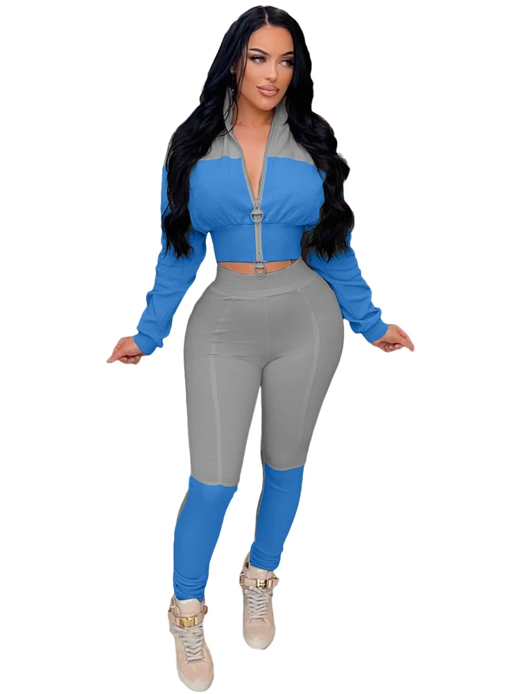 

2 Piece Tracksuit Set African Clothes Women Stand Collar Crop Tops Pant Suit Autumn New Panelled Casual African Clothing Outfits