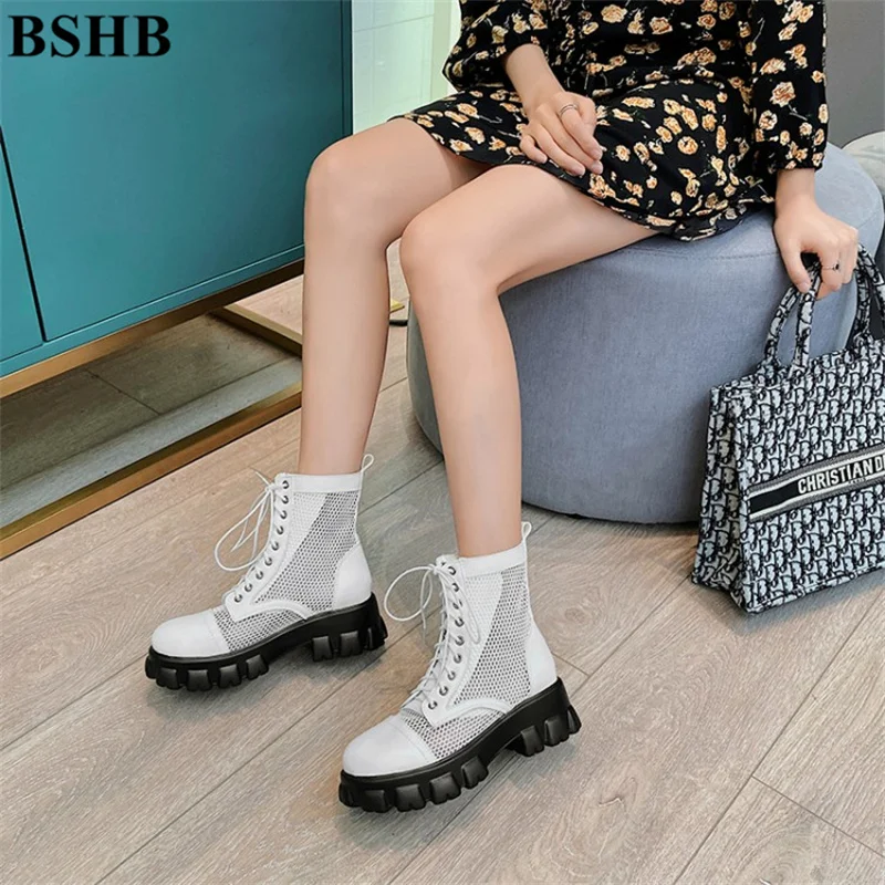 

Botines Mujer Summer Cool Girl Motorbike Boots Mesh Lace Up Shoes Sandals Platform Flats Round Toe Sandals Woman Luxury Shoes