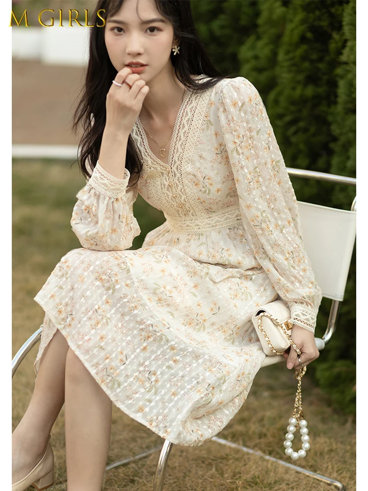 

M GIRLS Long Sleeve Floral Dress Women 2022 Spring Elegant Sweet Dresses V-neck A Line Midi Dress Female Vestidos
