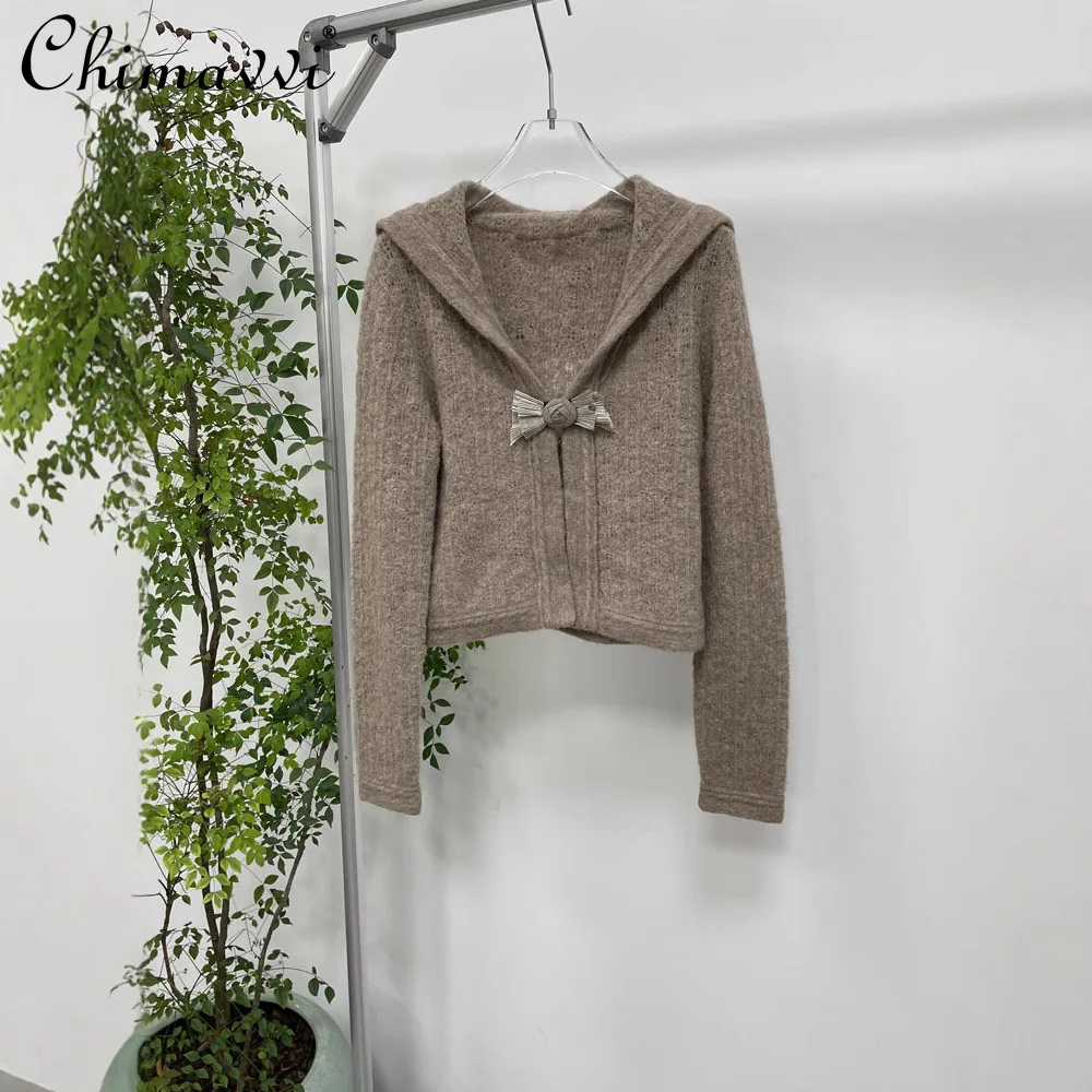 Модный темно-синий вязаный кардиган куртка на осень и зиму новая милая брошь с