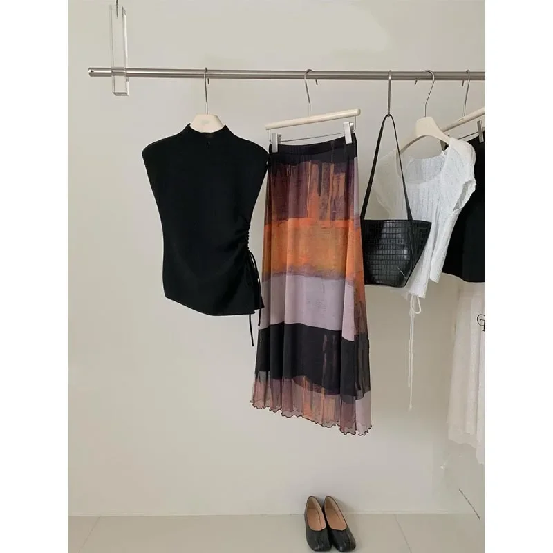 Лето 2024 дизайн заката чувствительность асимметричный Вязаный топ с завязкой