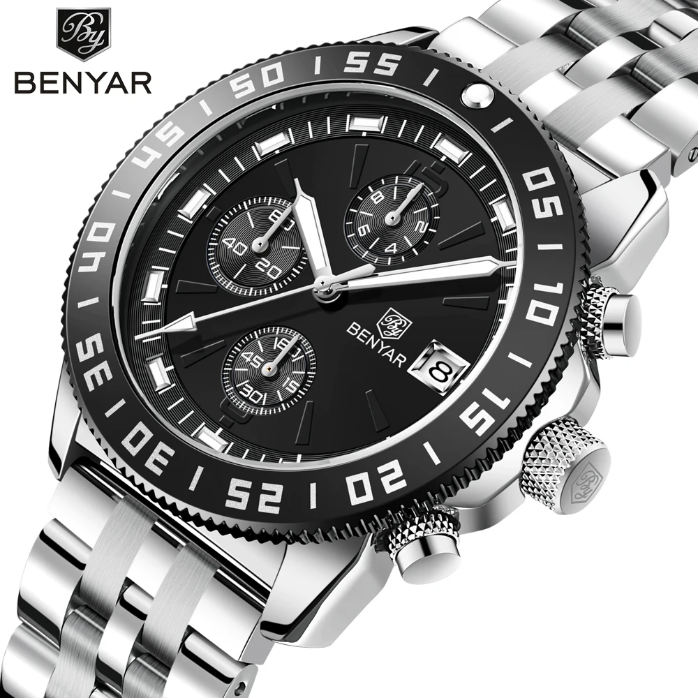 

BENYAR Business Chronograph Sport Stainless Steel Watch Men Luxury Quartz Mens Watches Clock Military Erkek Kol Saati Orjinal