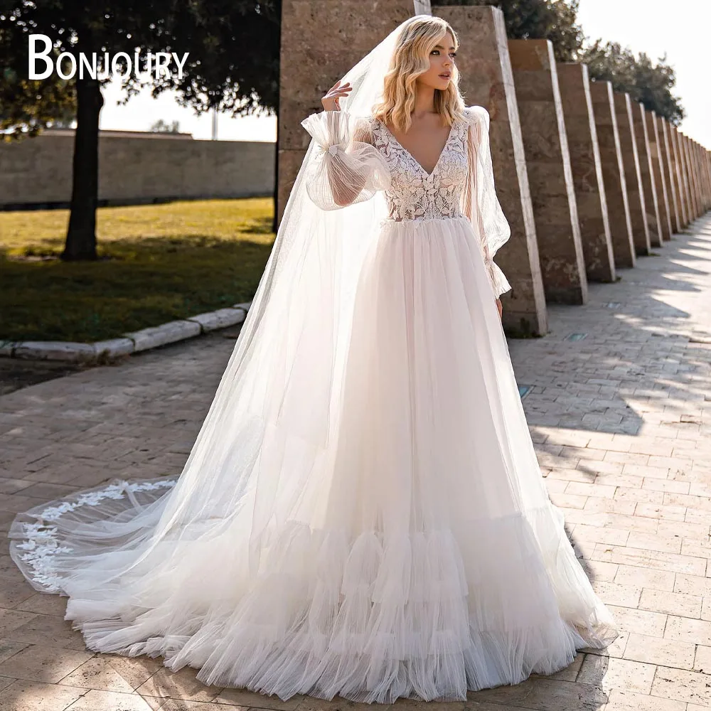 

BONJOURY Stylish Wedding Dresses Aline For Women Appliques 2023 Bride Deep-V Puffy-Sleeves Vestido De Novia Custom-Made