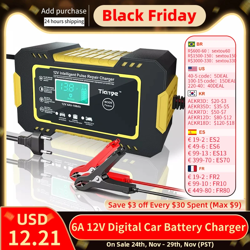 6A 12V Digital Car Battery Charger Fully Automatic Repair Charge For Car Motorcycle SUV Stea Battery Charger 12v Fully Automatic