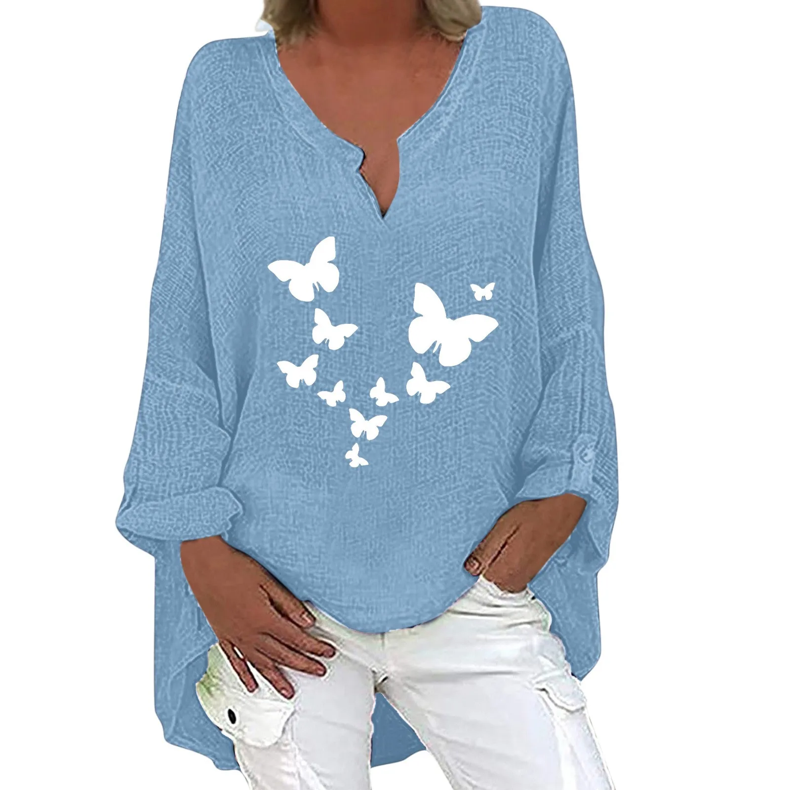 

Women's Long Sleeve T-shirts Loose 2022 Autumn New Fashion Female Outfit V-neck Butterfly Printing Clothing For Ladies Wholesale
