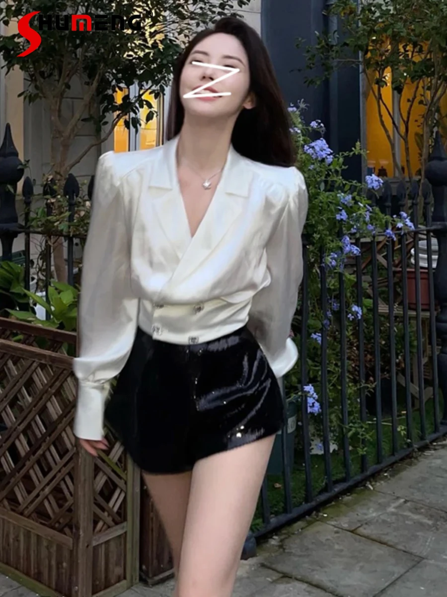 

Drill Buckle Suit Collar White Short Shirt 2022 Autumn New Korean Style Slim Waist Satin Long Puff Sleeve Crop Top for Women