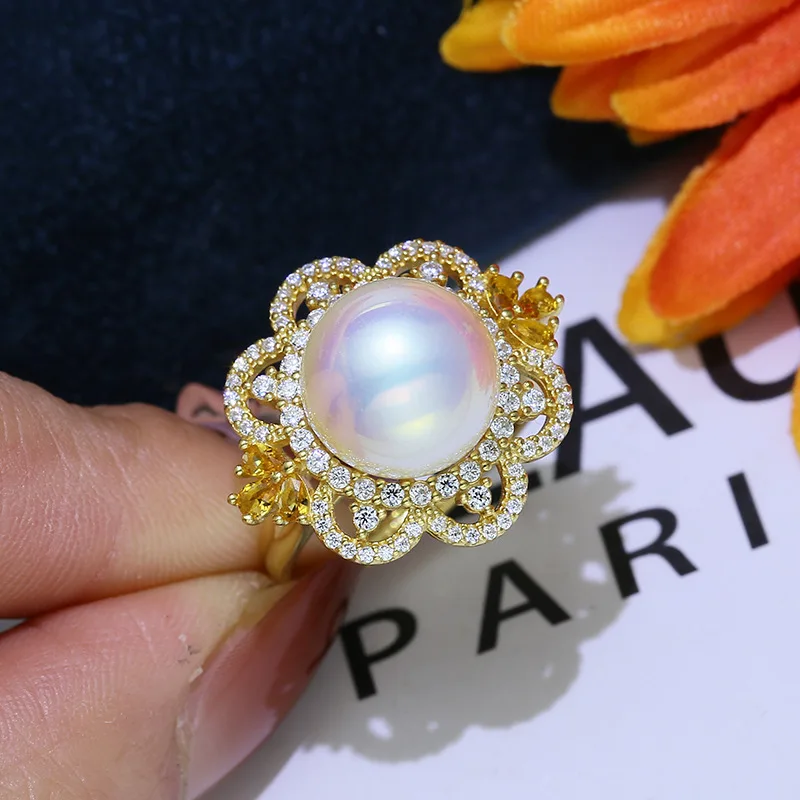 

MeiBaPJ 11-12 Big Natural Freshwater Pearl Fashion Flower Ring Real 925 Sterling Silver Fine Wedding Jewelry For Women