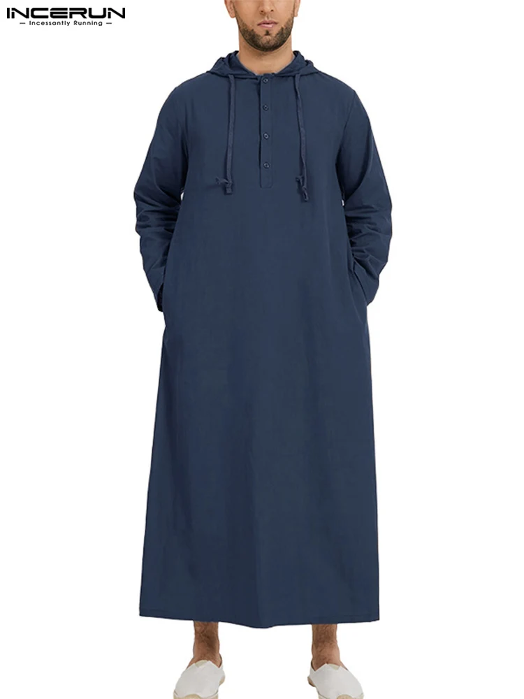

INCERUN Men Muslim Robe Hoodies Kaftan Saudi Arabic Dubai 2022 Caftan Long Sleeve Arabic Islamic Jubba Thobe Man Clothing S-5XL