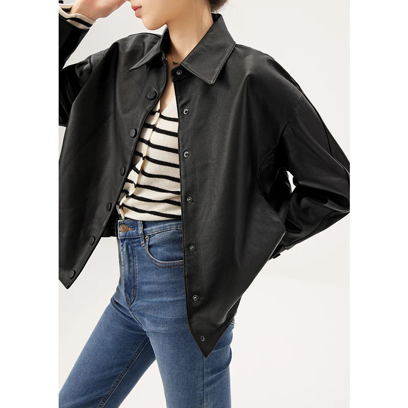 New 2022 Genuine Leather Jacket for Women Sheepskin  Casaca De Cuero Mujer  Real Leather Jacket  Covered Button  Vintage