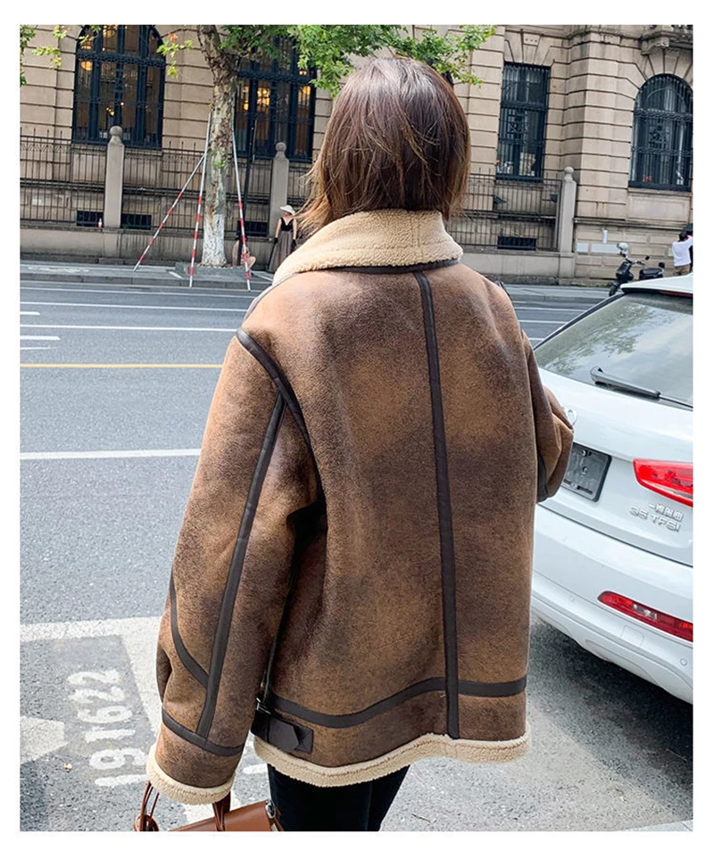 Faux Leather Jacket Women Shearling Thicken Fashion Long Sleeve Zippers Moto Biker Outerwear Warm Winter Coats Female Clothing