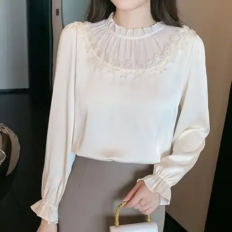 Spring Stand Collar Long Sleeve Shirts Elegant Chiffon Tops French Solid Loose Female Clothing Women Fashion Blouse Blusas 25352