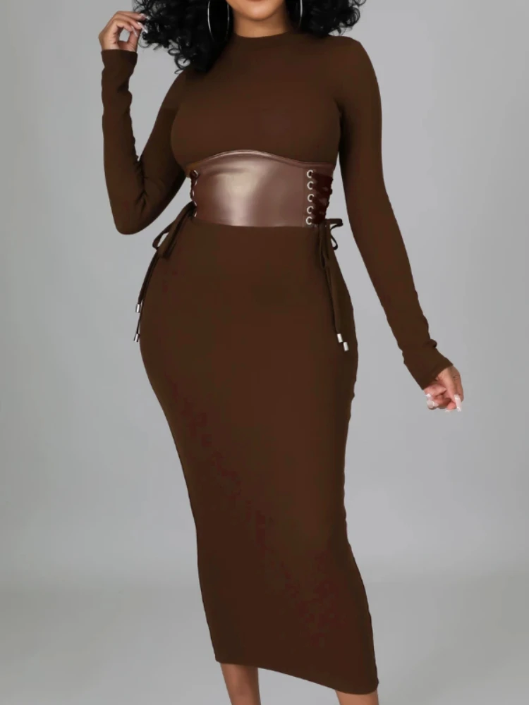 

Women Bodycon Dresses with Wide Waist Belt Sheath Long Sleeves Brown Lace Up Autumn Package Hip Female Elegant Ladies Robes New