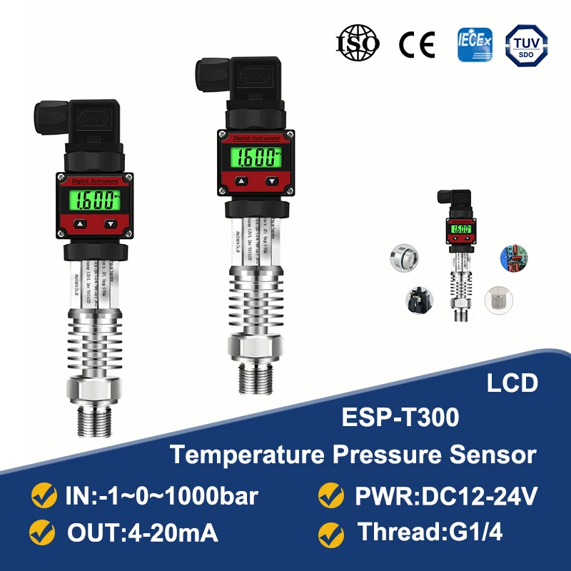 

ESP-T300 LCD High Temperature Pressure Sensor 4-20mA Out Pressure Transmitter Transducer 1m Cable -1-0-1000bar G1/4 Connector