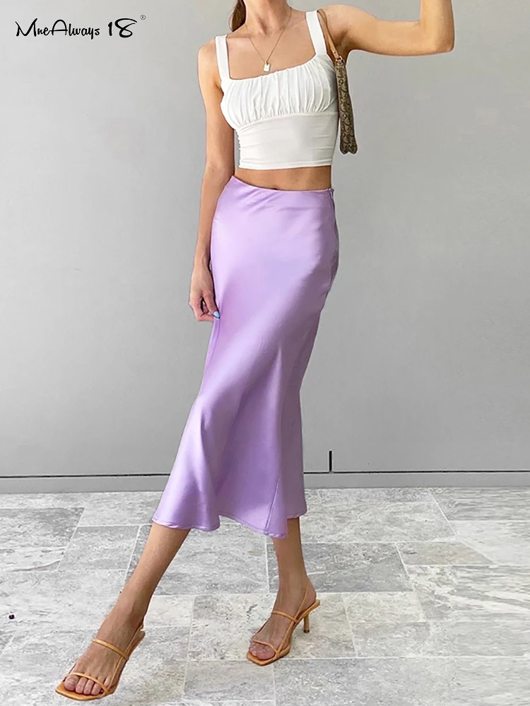 Mnealways18 Solid Purple Satin Silk Skirt Women High Waisted Summer Long Skirt New 2023 Elegant Ladies Office Skirts Midi Spring