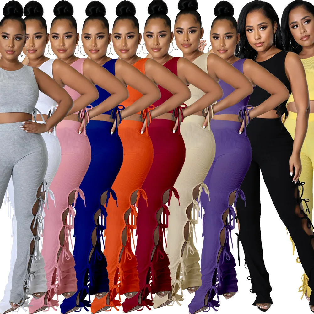 

Summer Clothes for Women 2022 New Explosive Models Sexy Women Clothing Solid Color Pit Strip Lace-up Hollow Two Piece Set Women