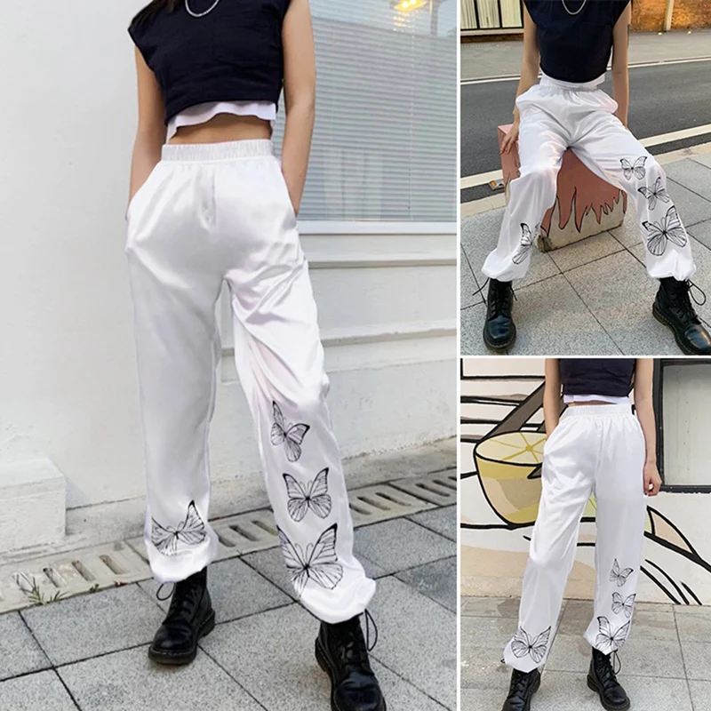 

Women's Fashion Butterfly Printed Pants Sports Running Pants Casual Pants White