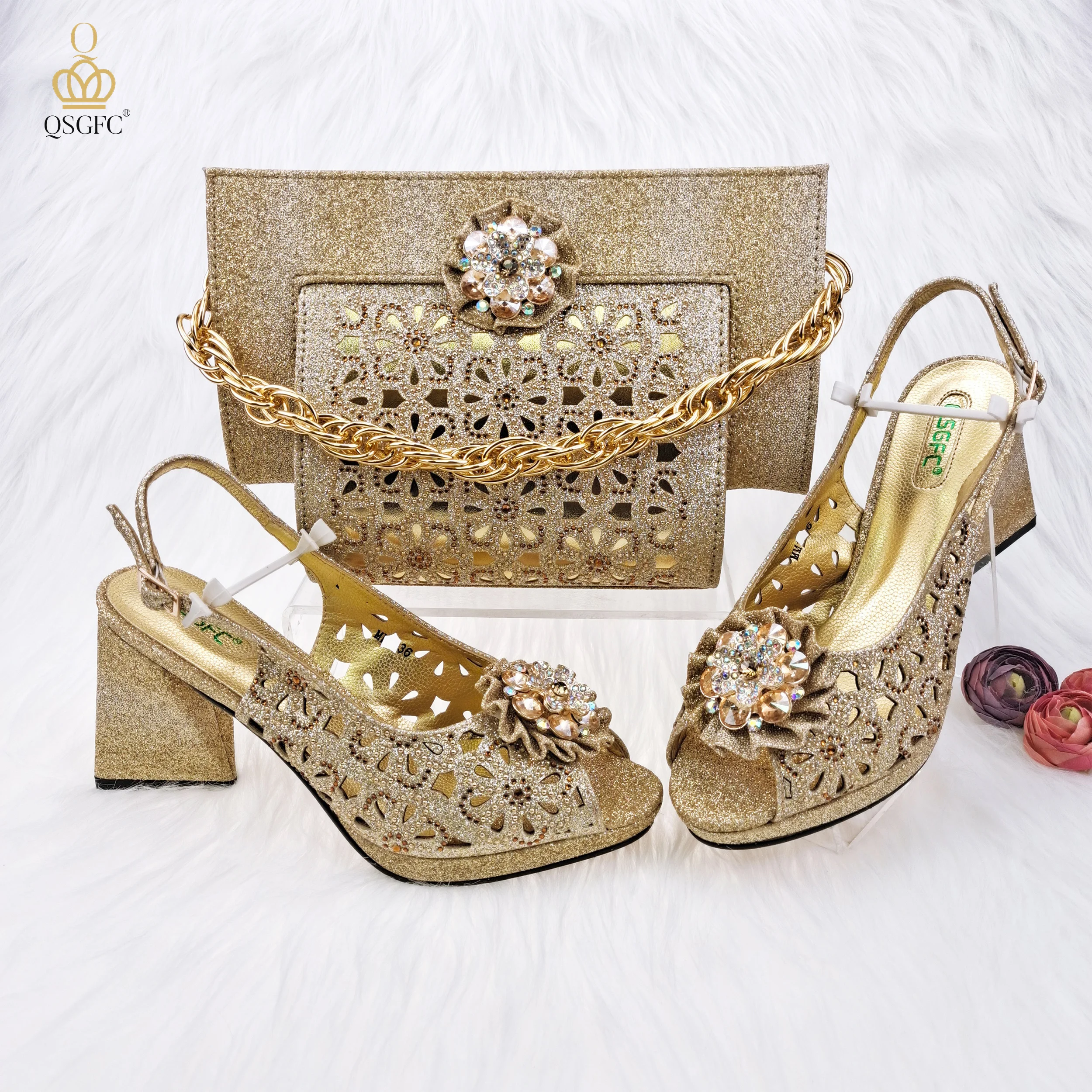 QSGFC-zapatos de tacón alto con recortes para mujer, calzado decorado con diamantes de imitación, diseño de flores, para fiesta, Color dorado, novedad
