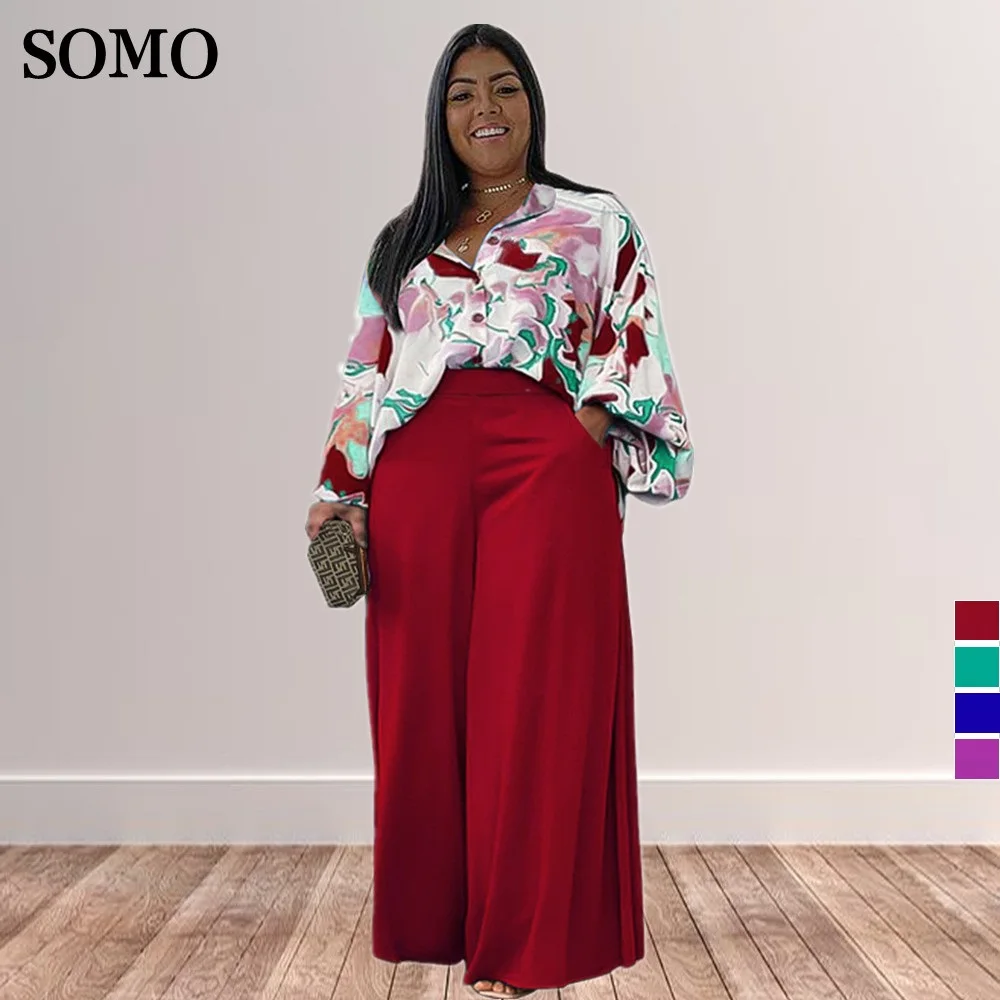 

SOMO 2Piece Set 2022 Printed Casual Suit Women Lapel Shirt Wide Leg Pants Plus Size Two Piece Set Wholesale Dropshipping