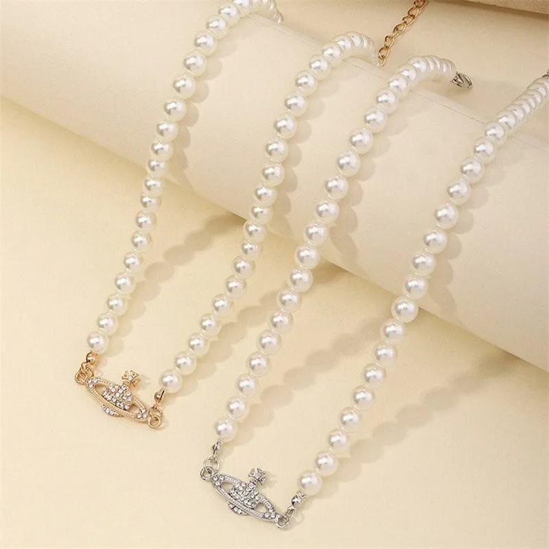 

Fashion Accessories Popular Western Empress Dowager Earth Planet Pearl Necklace Diamond Pendant Neck Chain Bracelet